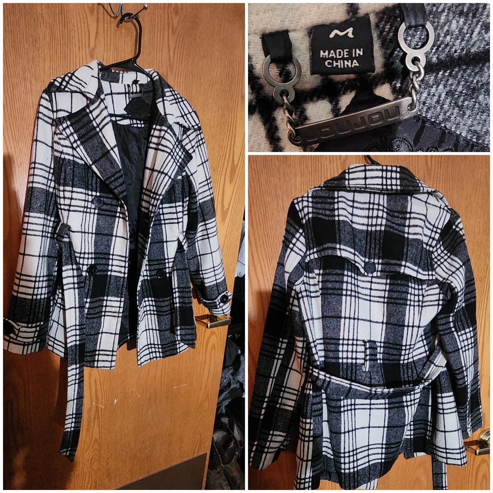 Jou Jou Black and White Trench Coat with Belted Waist